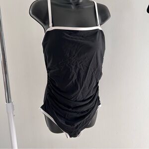 Black One-Piece Square Neck tummy control Swimsuit with White Trim NWT